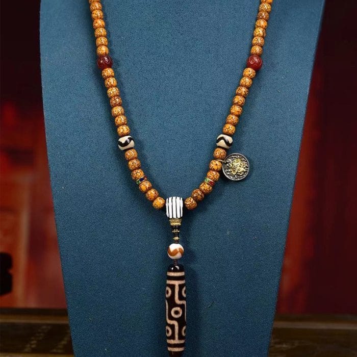 Tibetan 9-Eye Dzi Pendant with Aged Star-Moon Bodhi Mala – Sacred Necklace for Wisdom and Power - Image 2