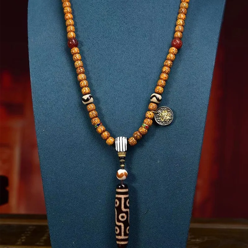 Tibetan 9-Eye Dzi Pendant with Aged Star-Moon Bodhi Mala – Sacred Necklace for Wisdom and Power - Image 2