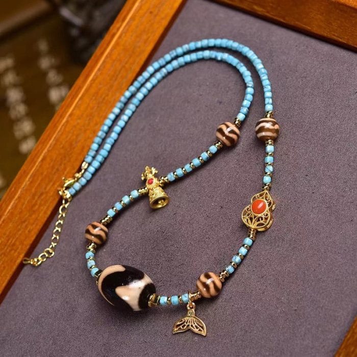 Tibetan Sky Tiger Tooth Dzi Pendant Necklace – Turquoise & Water Agate Sacred Beads - Image 4