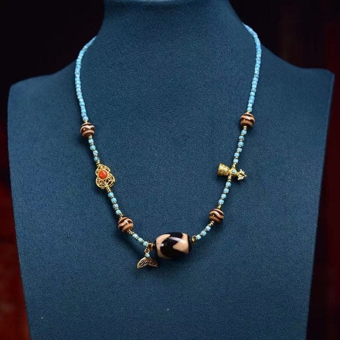 Tibetan Sky Tiger Tooth Dzi Pendant Necklace – Turquoise & Water Agate Sacred Beads - Image 3