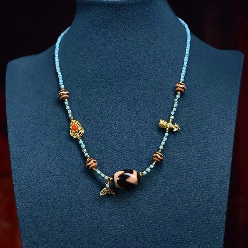 Tibetan Sky Tiger Tooth Dzi Pendant Necklace – Turquoise & Water Agate Sacred Beads - Image 3