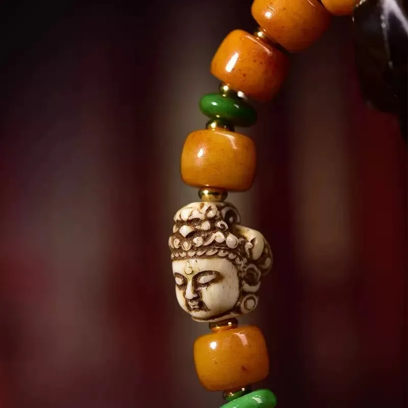 Tibetan Yak Bone Barrel Bead Wrist Mala – Guanyin Head Bead for Compassion & Protection - Image 2